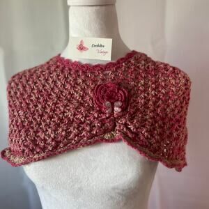 A vintage y2k hot pink and beige crochet poncho / shrug